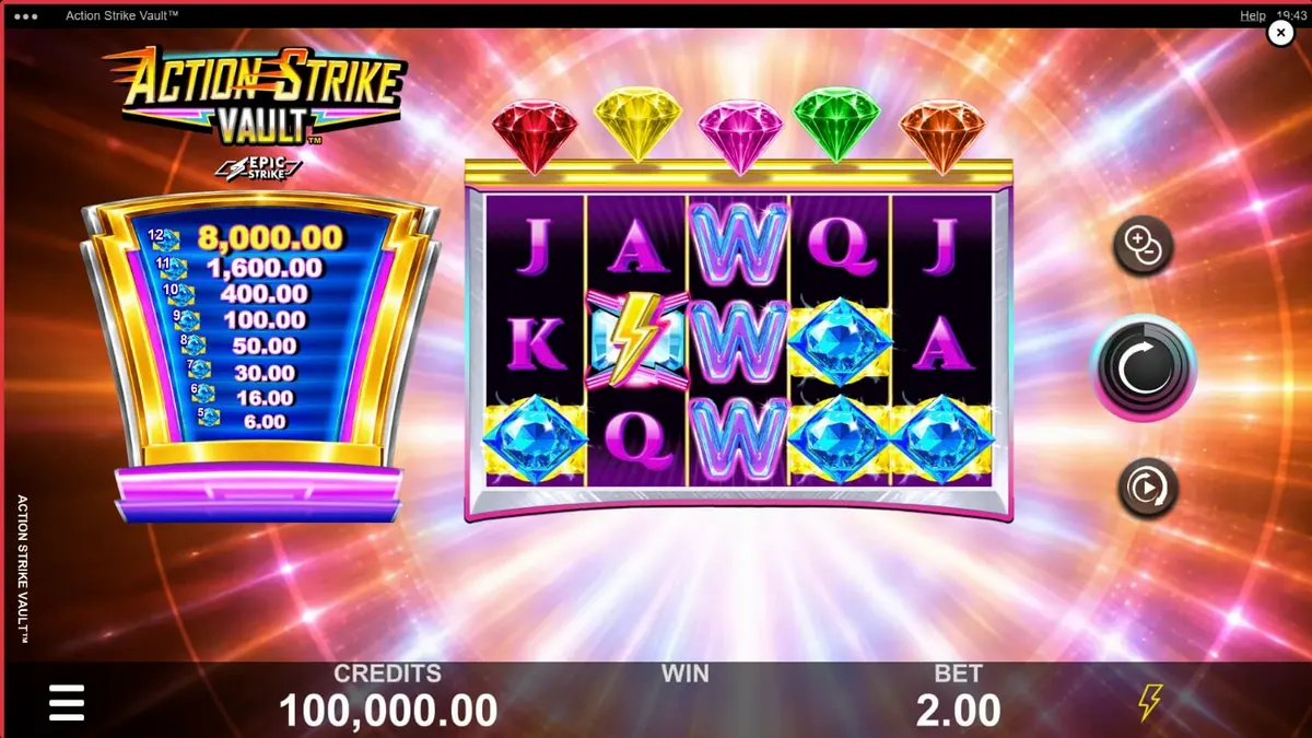 Action Strike Vault slot game interface with neon space theme