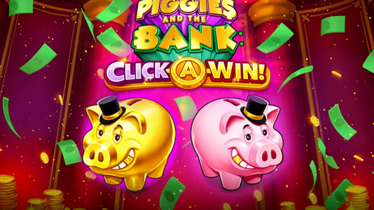 Tampilan visual slot Piggies and the Bank: Click-A-Win dengan tema babi kaya raya.