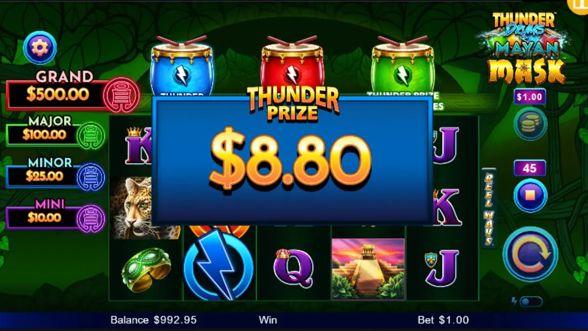 Tampilan visual slot Thunder Drums Mayan Mask dengan tema kuil Maya kuno